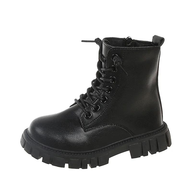 Spring Autumn Girls Ankle Boots Fashion School Kids Leather Boots Thick Bottom Non-slip Children's Platform Causal Boots Black