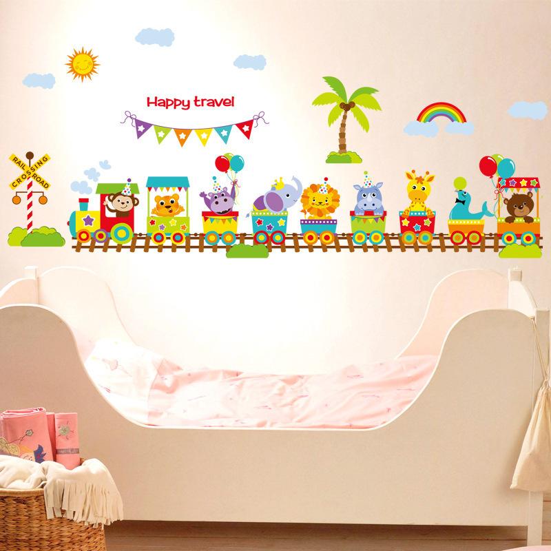Cartoon Animal Train Wall Stickers for Kids Room, Kindergarten, Bedroom, Living Room Decor