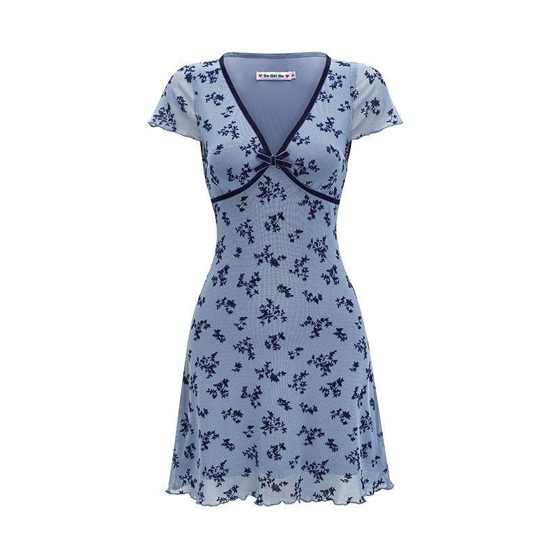Homemade European and American style retro deep v floral dress swimsuit women's waist slim and thin a-shaped skirt slightly fat summer