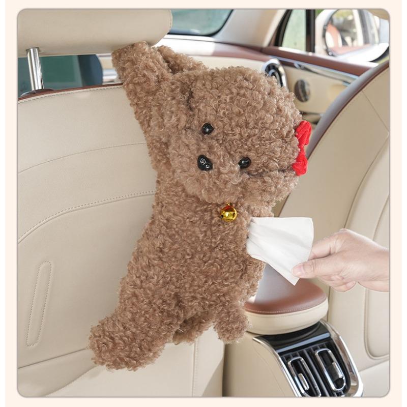 Cute Cartoon Teddy Dog Plush Hanging Tissue Box For Car Home Use