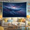 2D Flat Celestial Whale Wall Hanging, Deep Blue Cosmic Ocean Scene with Bright Whale and Starry Night Sky, Horizon, 1 Pc.