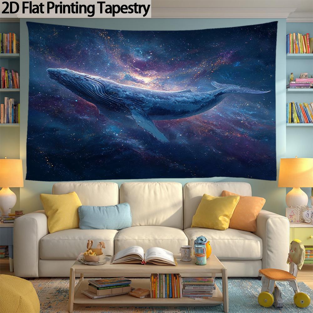 2D Flat Celestial Whale Wall Hanging, Deep Blue Cosmic Ocean Scene with Bright Whale and Starry Night Sky, Horizon, 1 Pc.