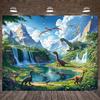 Dinosaurierwelt Wandbild mit Wasserfällen, Bergen und verschiedenen Dinosauriern zur Dekoration des Kinderzimmers