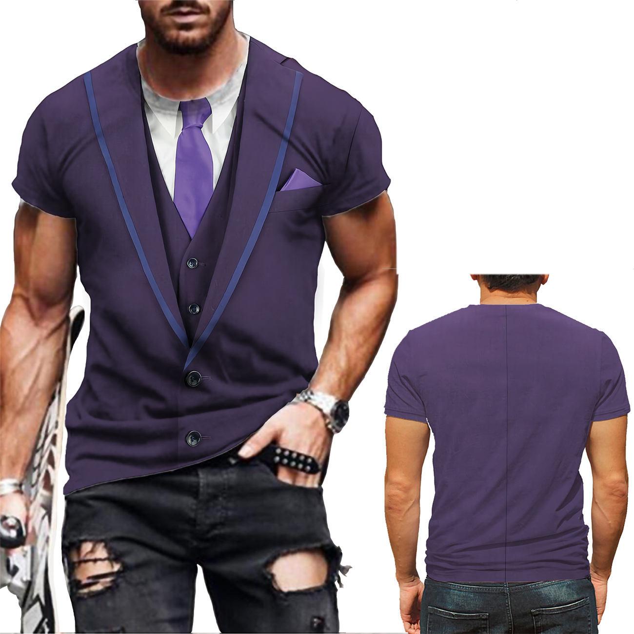 

Faux Suit 3D Printed Short Sleeved T-shirt Summer Breathable Polyester Simple Round Neck Top 5XL