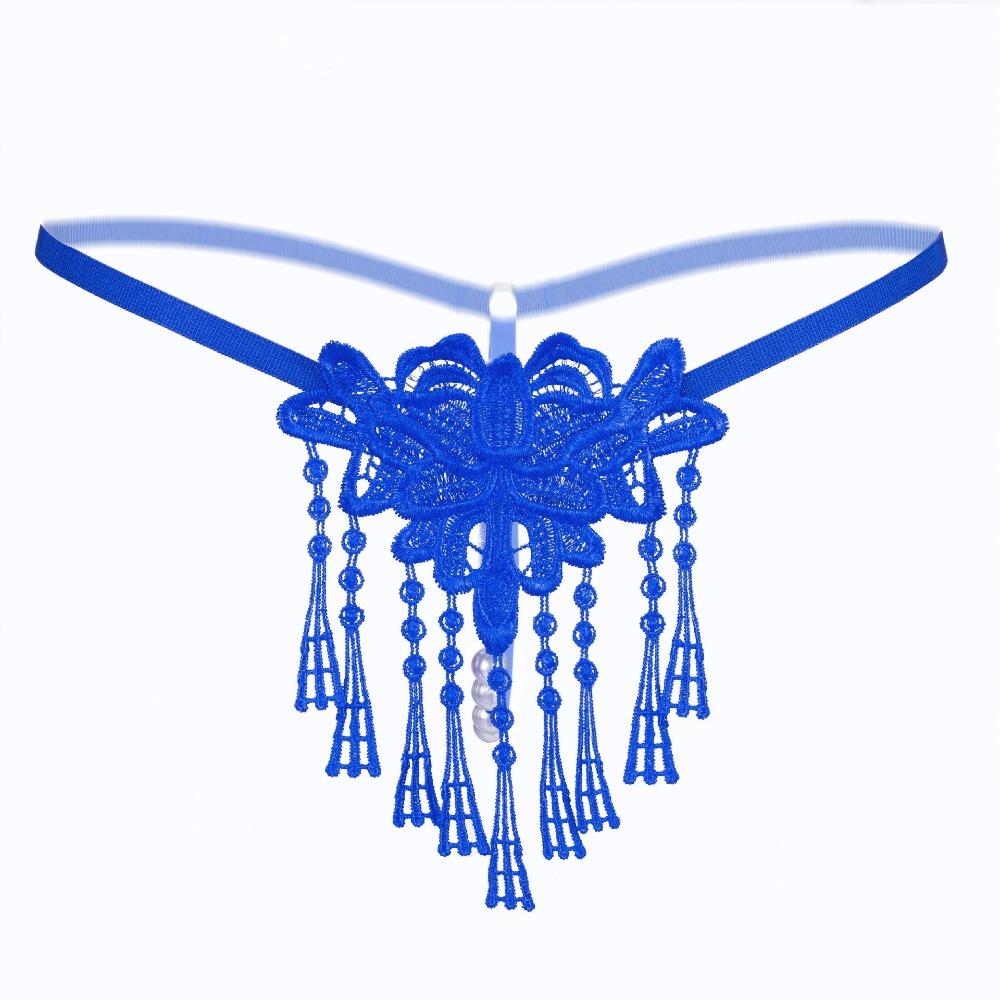 Tassel Lace Flower Panties Pearl Transparent T-Pants Cute Mesh Thongs  Women