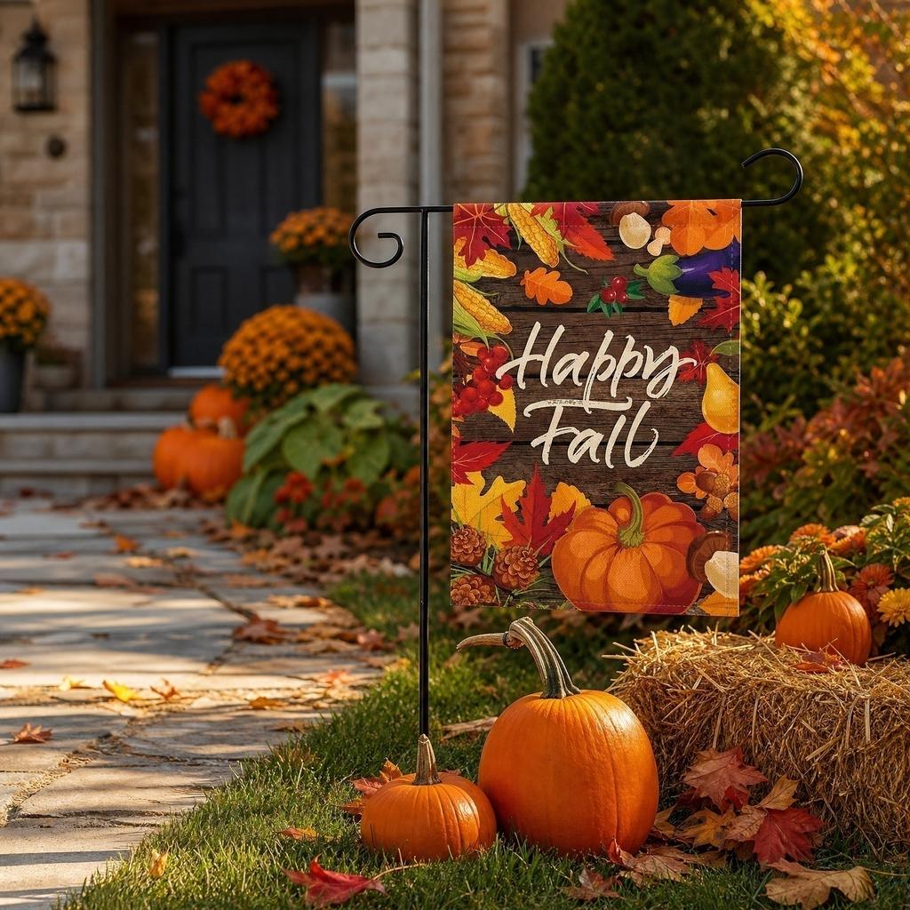 Linen Double Sided Garden Flag with Pumpkin Design for Fall Seasonal Outdoor Decoration 45 by 30 Centimeters Durable Fabric Yard Banner