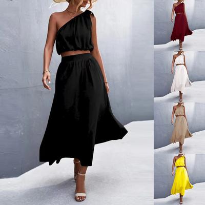Women's Summer Color Slanted Shoulder Bow Set Open Swing Dress Two Piece