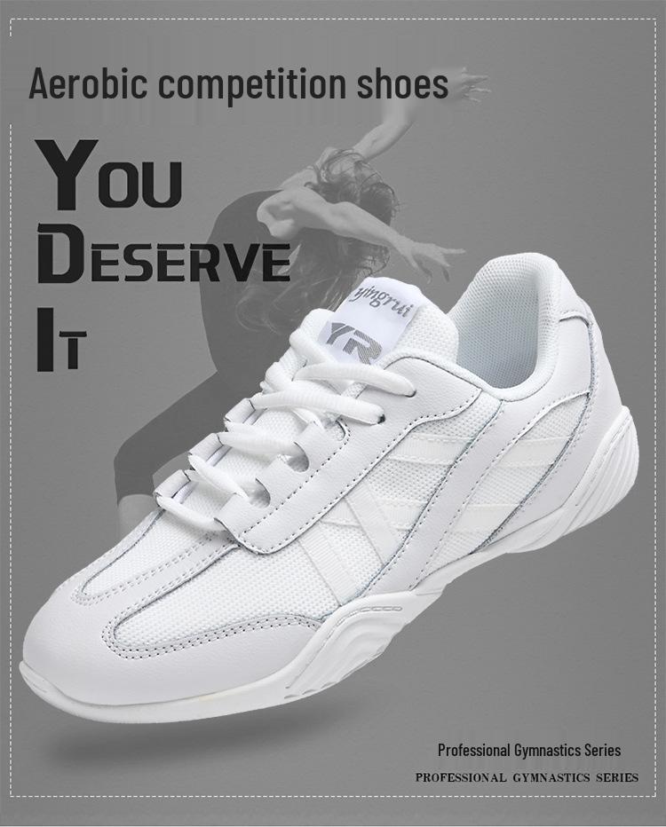 Yingrui Women's White Leather Aerobic Cheerleading Shoes, Soft Sole Training and Competition Footwear