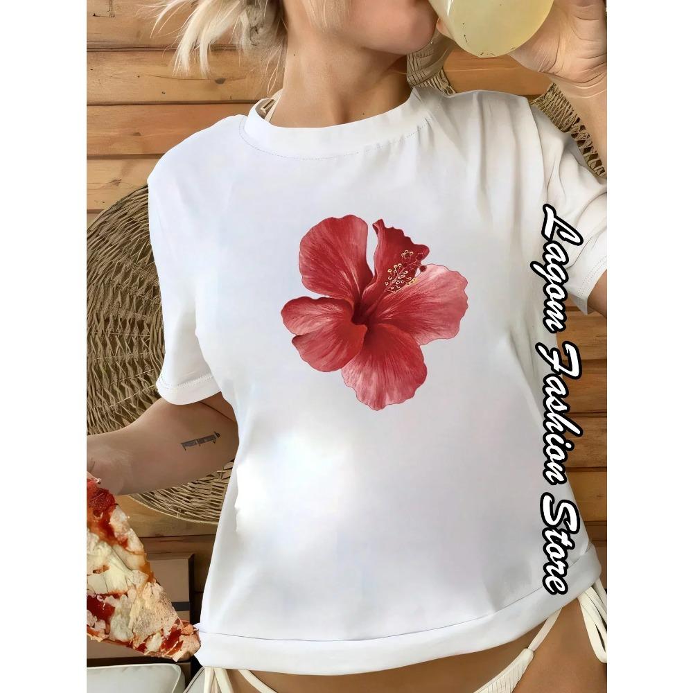 

Летняя женская мода Женская повседневная уличная одежда Хлопковая футболка с принтом вишни Топы Футболки Цветочный графический рисунок Короткий рукав Одежда XXXL