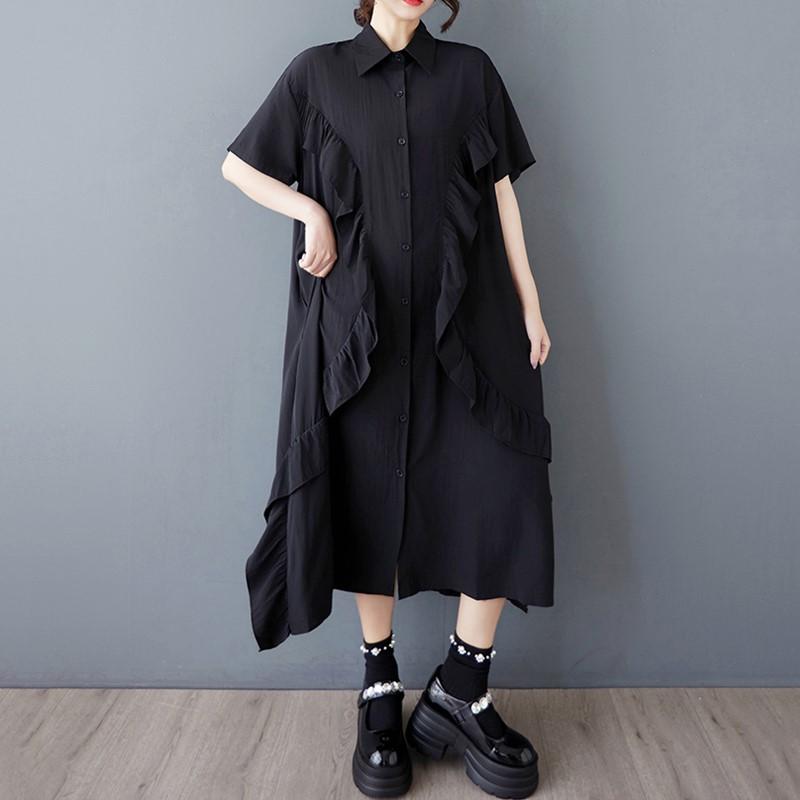 Dámské ležérní volné dlouhé letní šaty s krátkým rukávem, černé, vintage, nové, plus size