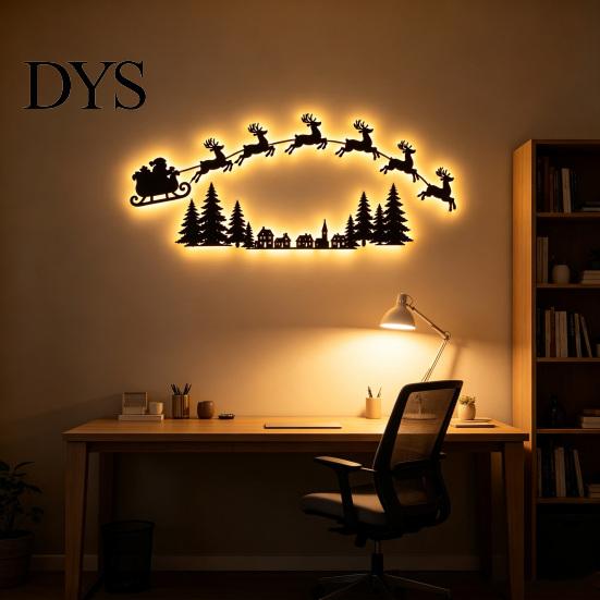 Wooden Christmas Wall Art Lighted Santa Sleigh Reindeer Decor with Remote, LED Flying Bedroom Decorative Night Light Art, Warm Backlit Peel And Stick