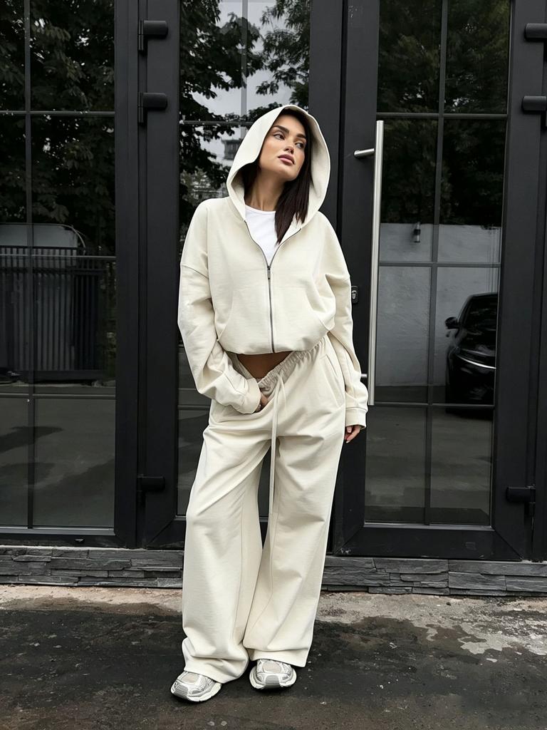 Women's new zipper hooded sports cardigan lace-up trousers two-piece casual suit