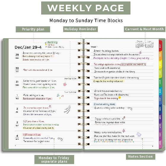 EMSHOI 2026 Planner Weekly and Monthly, Week on One Page with Notes, A5 (5.7"x8.3"), Jan-Dec 2026 Calendar Agenda with Monthly Tabs, Note Pages,