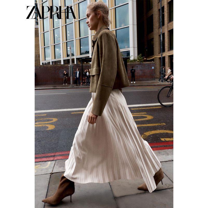 Zaprha 2025 Autumn New With Belt Suede Effect Pleated Midi Skirt High Sense 3046252