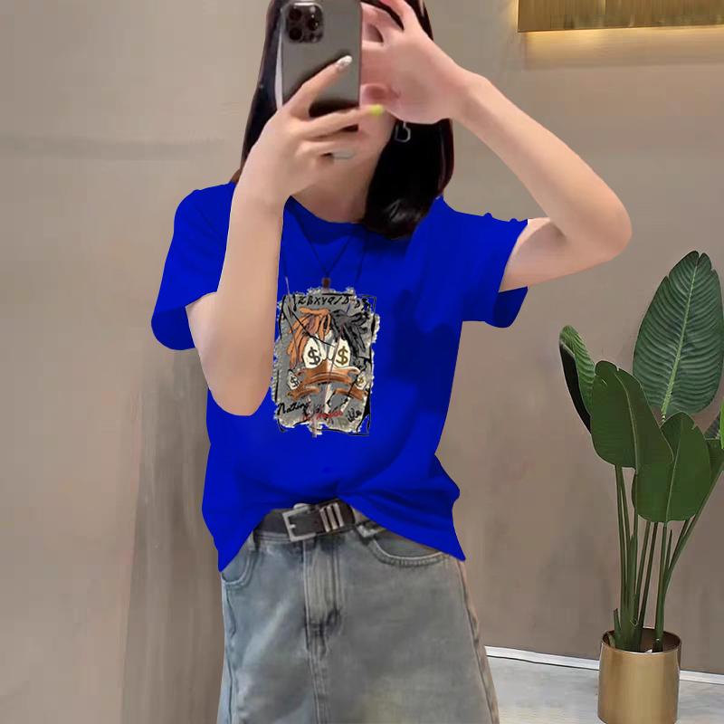 2025 new shoulder pure cotton cartoon short-sleeved T-shirt women's fashion versatile and thin apricot top bottoming shirt summer