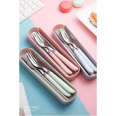 3-teiliges Premium Edelstahl Besteckset mit Gabel, Essstäbchen, Löffel und Aufbewahrungsbox - Perfektes Geschenk für Büroangestellte und Stud