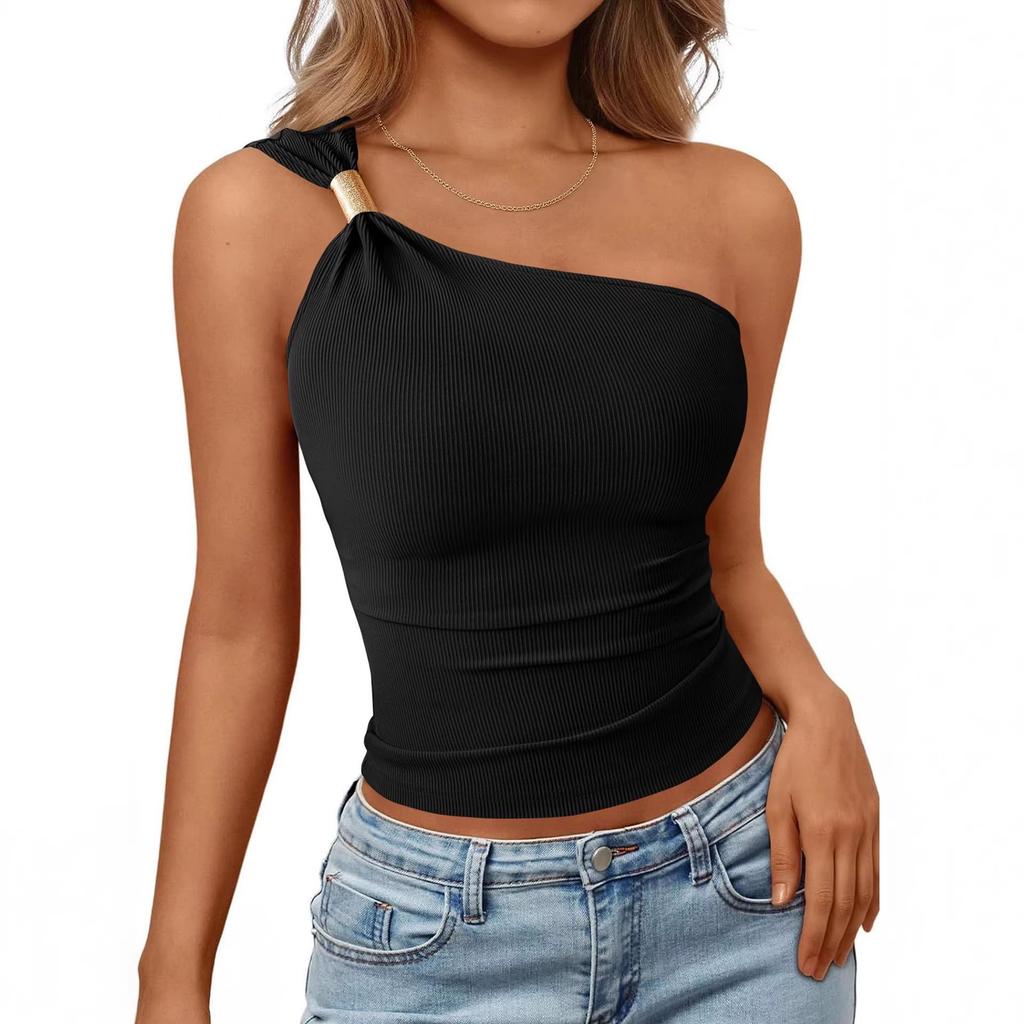 Womens Summer One Shoulder Bow Metal Buckle Tank Top