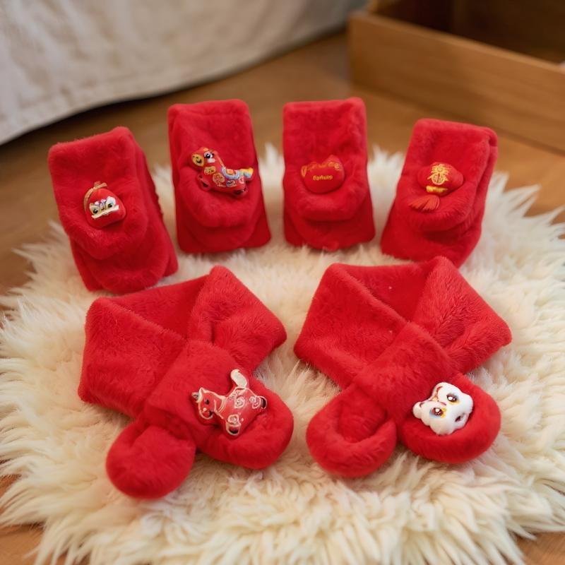 Autumn Winter Children's Scarf Chinese Style Zodiac Animals Red Scarf Cartoon Pony Plush Neck Warm Scarves New Year Gift