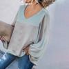 Solid Color Women Blouse Lantern Long Sleeve Simple Satin V-Neck Autumn