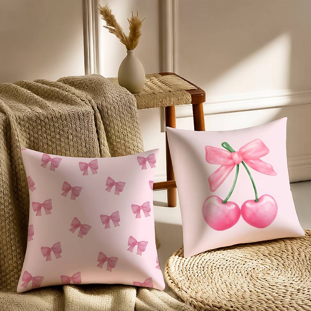 Pink Bow Cherry Pillow Case Sofa and Living Room Decorative Cushion Covers Dust-proof and Mite-proof Invisible Zipper