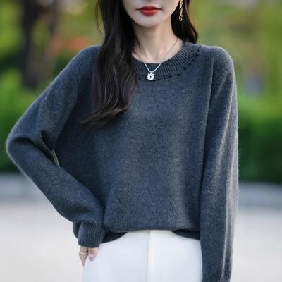 Round Neck Thick Knit Sweater Women Autumn Winter Loose Solid Pullover Long Sleeve Base Layer Top