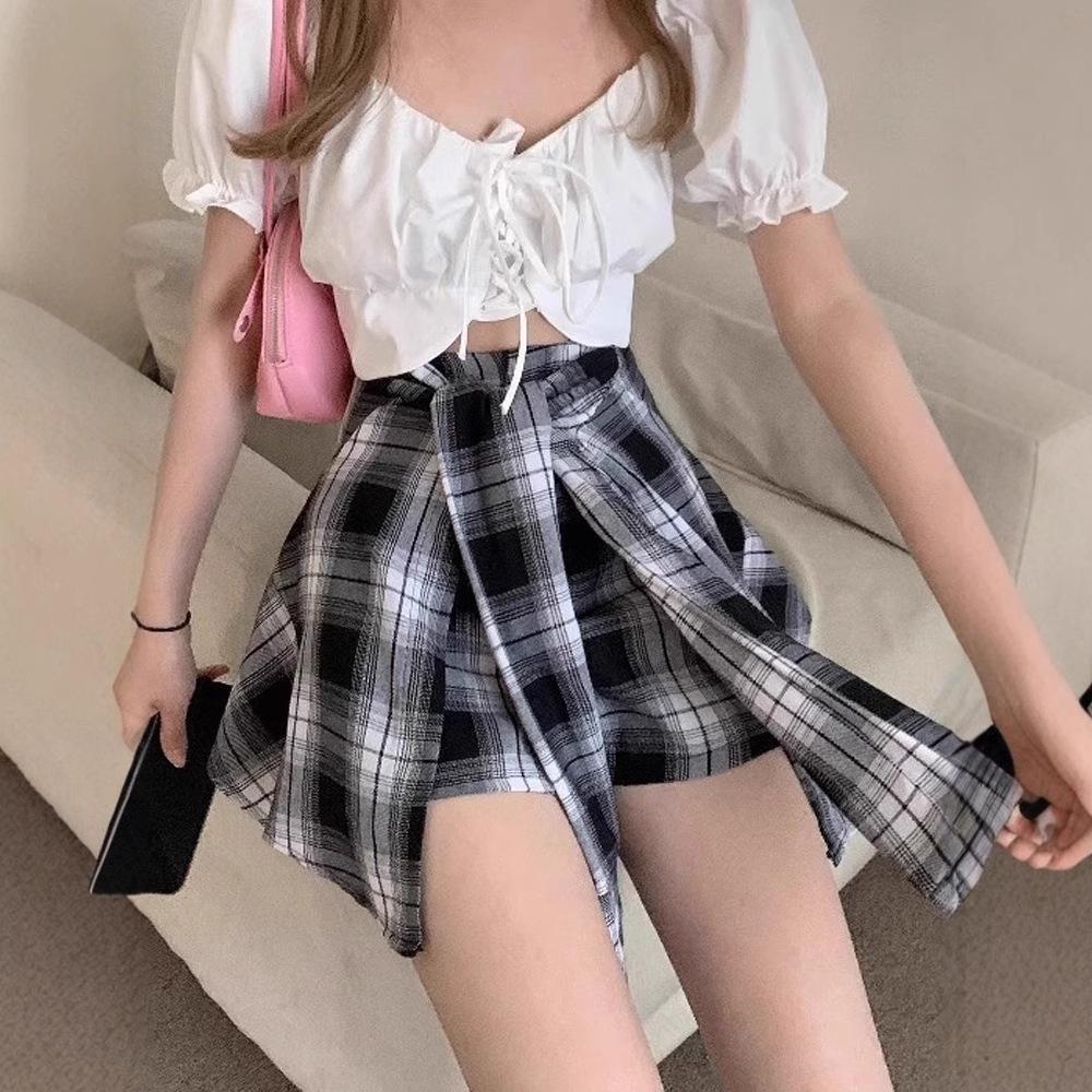 Women's Summer Retro High-Waist Irregular Plaid Midi Skirt with Faux Two-Piece Shorts