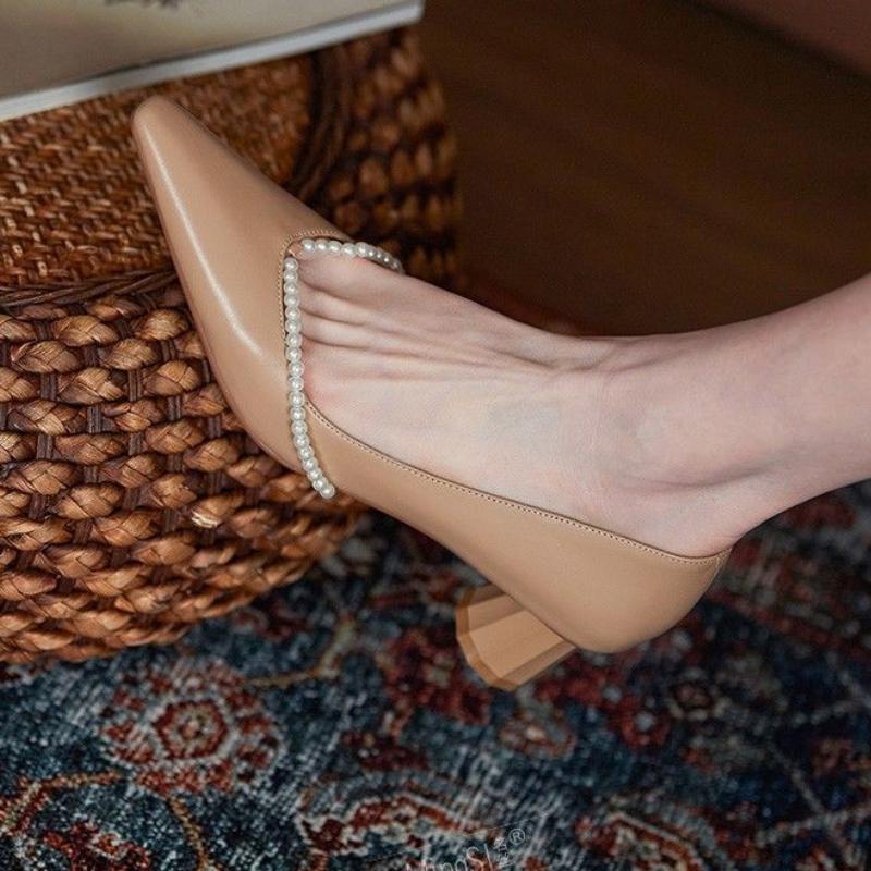 Shoes for Women 2024 Pearl Ladies Summer Footwear Bride Mary Jane with Heel Japanese Style Lolita Pointed Toe Gothic Lastest 39