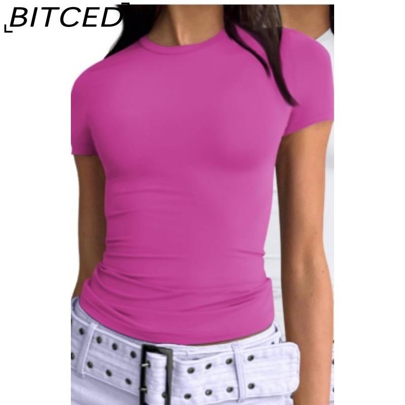 BITCED Damska koszulka z długim rękawem na lato: Stylowe topy z dekoltem O, dopasowane, do noszenia jako warstwa zewnętrzna