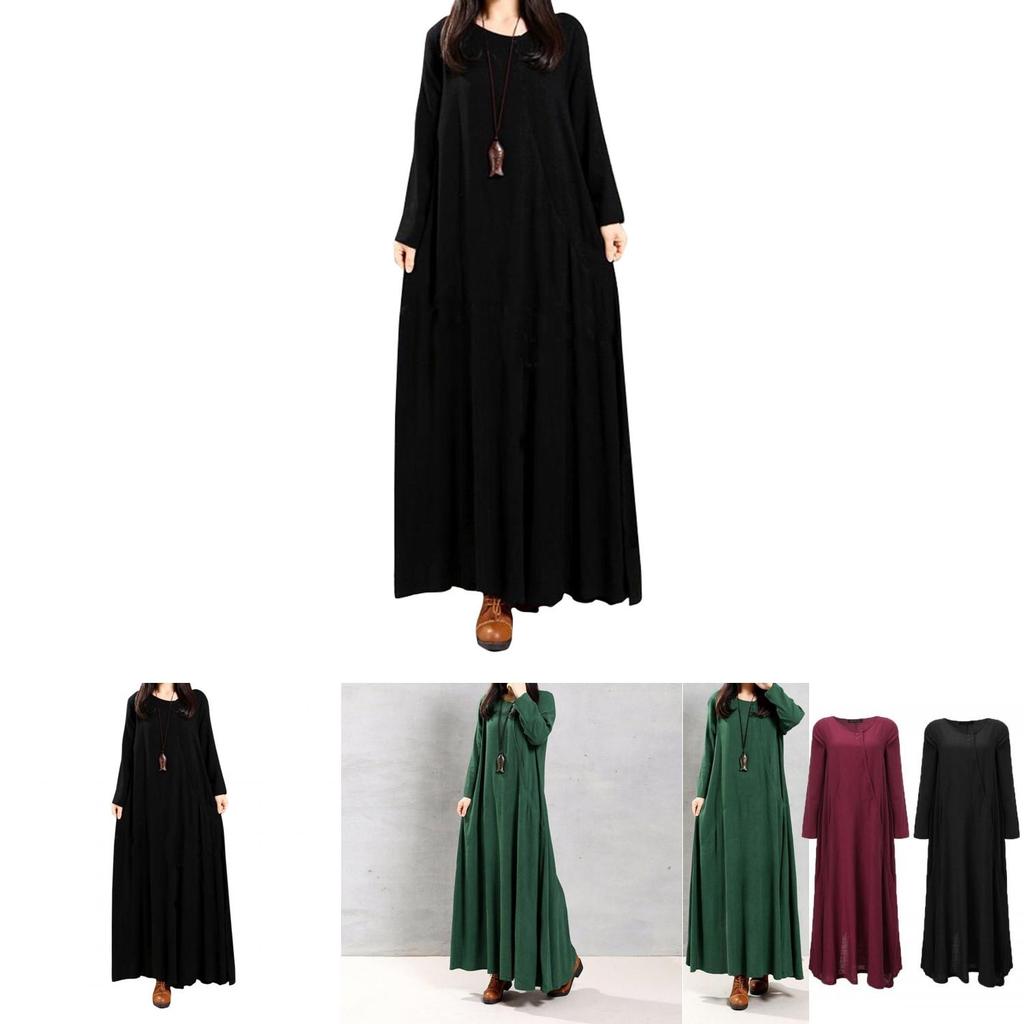 Elegant Plus Size Women Cotton Long Sleeve Vintage Kaftan Casual Maxi Dress