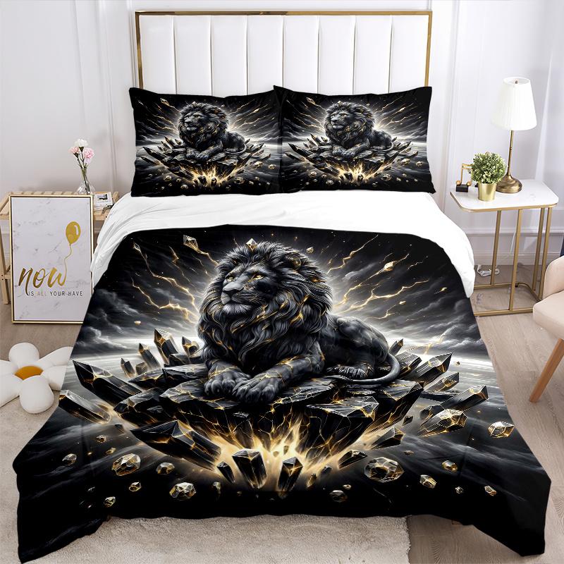 3pcs Emerging Lion Printed Quilt Set - Soft and Comfortable Quilt Cover for Bedroom, Guest Room and Dormitory