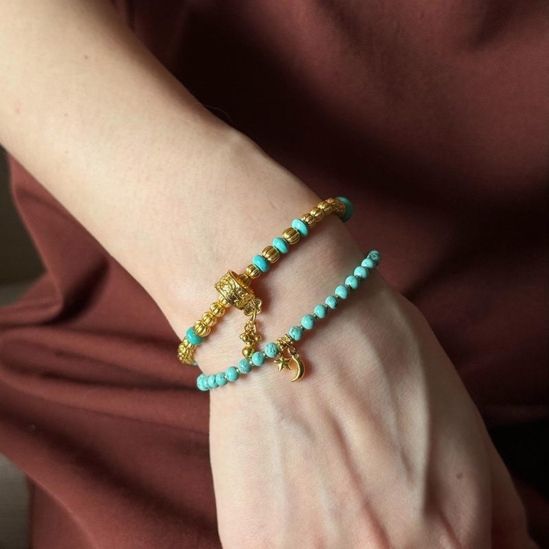 Turquoise Beads Bracelet for Women Retro Layered Design Ancient Gold Crafts Tassel Green Bracelets Fashion Party Jewelry Gifts