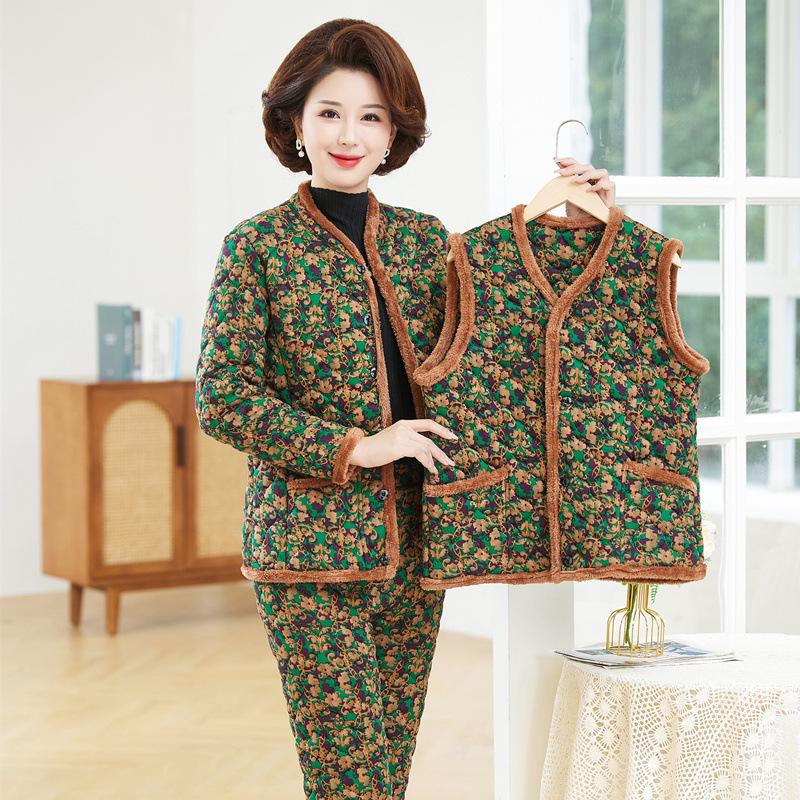 Women's Winter 3-Piece Set: Silk Cotton Coat & Outerwear for Middle-Aged