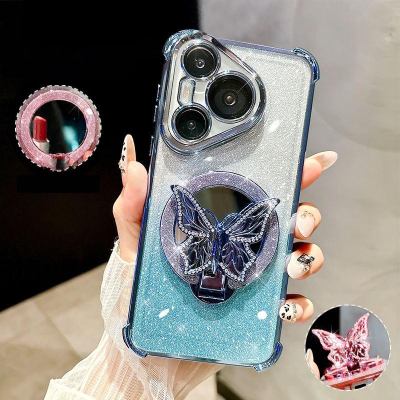 Butterfly Glitter Mirror Holder Phone Case For Huawei P30 Lite P40 P50 P60 Pura 70 Pro Mate 40 50 60 70 Shockproof Stand Cover