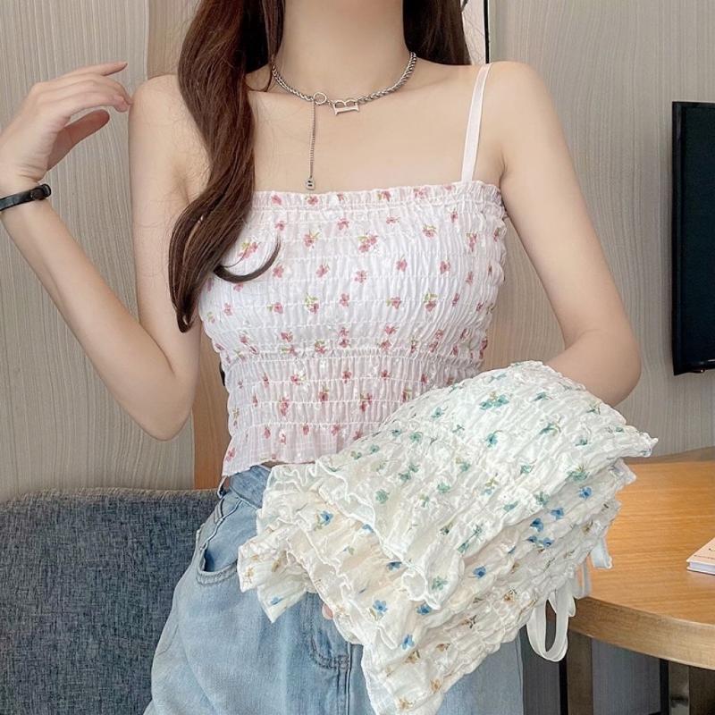 Summer Floral Suspender Women with Chest Pad Chic Small Interior Design Feeling Pleated Top
