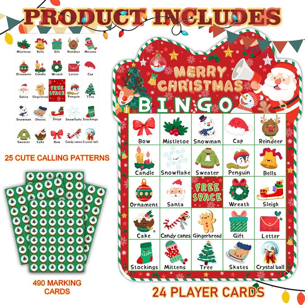 Christmas Bingo Game Cards Set - 33 Pcs Party Game for Up To 24 Players