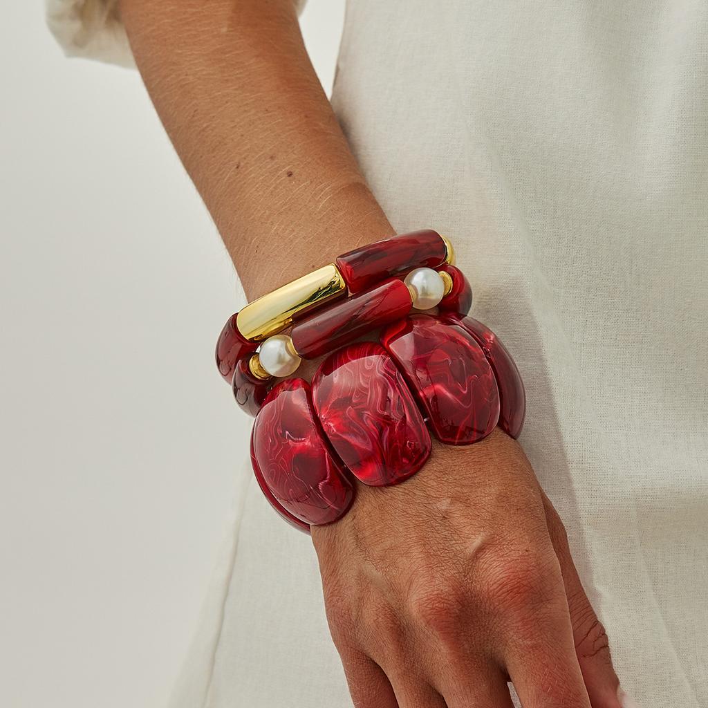 Angora Red Smudge Curved Resin Bracelet, Fashionable Elbow Beaded Splicing Elastic Bracelet