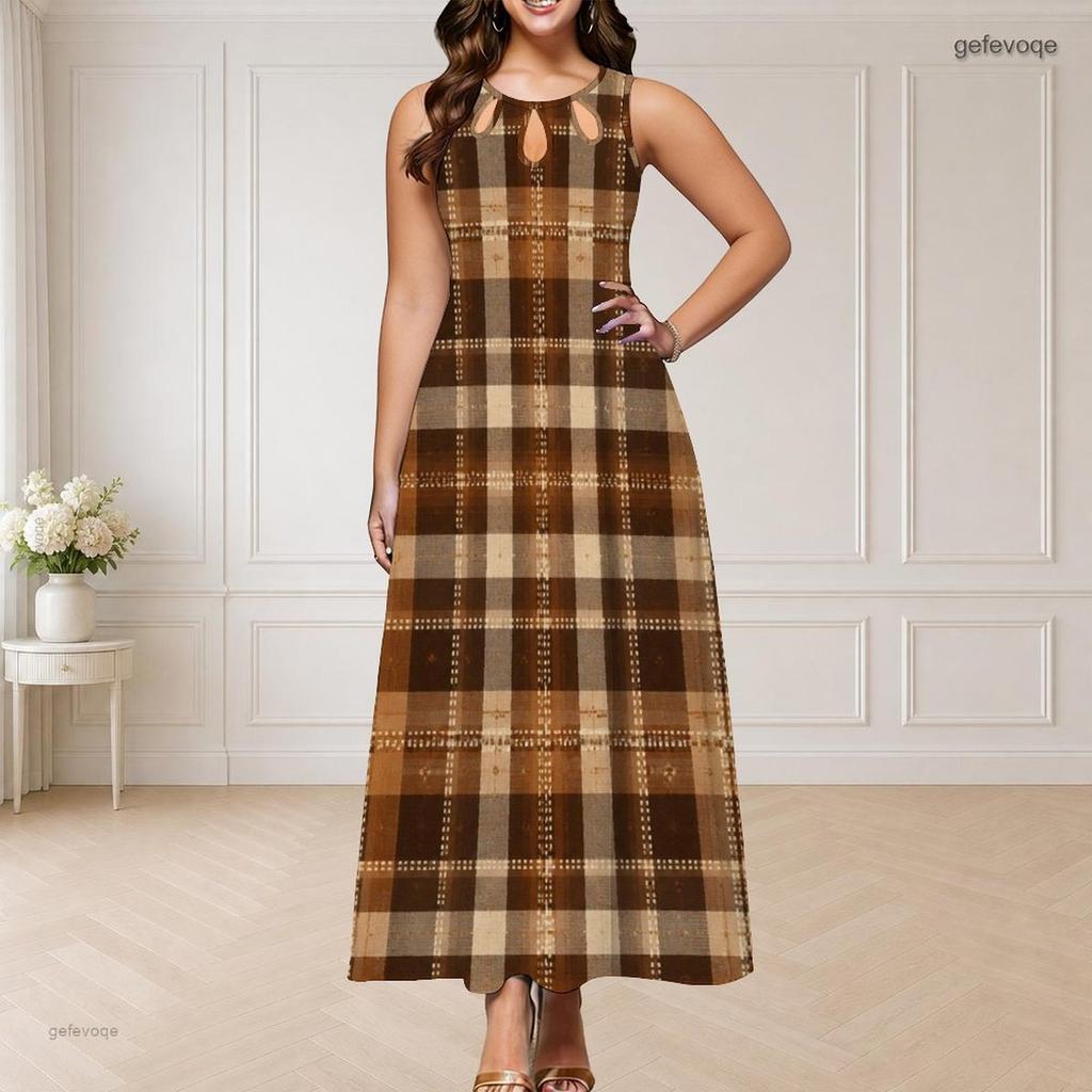 Women Plus Size Round Neck Triple Keyhole Sleeveless Geometric Printed Maxi Dress