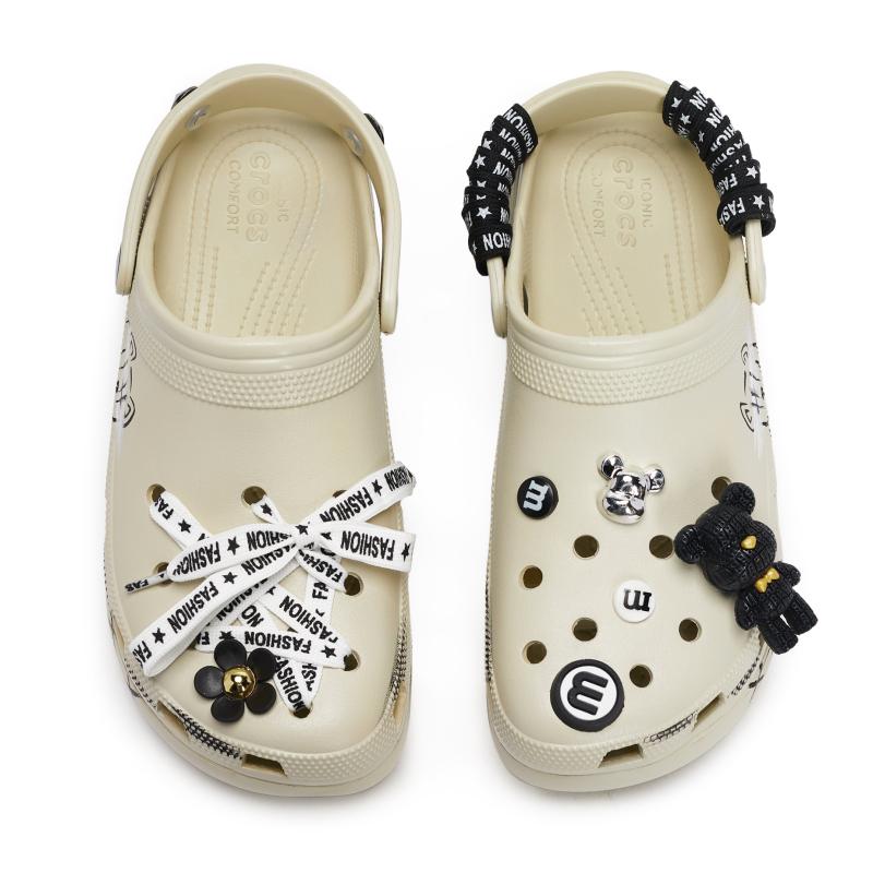 Crocs Classic Platform Clog EVA Graffiti Fashion Trend Comfort Gift Box Hole Shoes Women's Bone White and Black