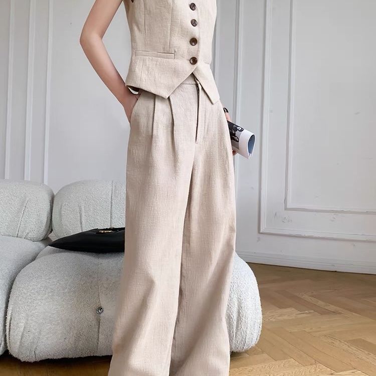 Mode Premium Set Tweedelig Mouwloos Pak Vest Katoen Linnen Wijde Pijpen Casual Slankmakend