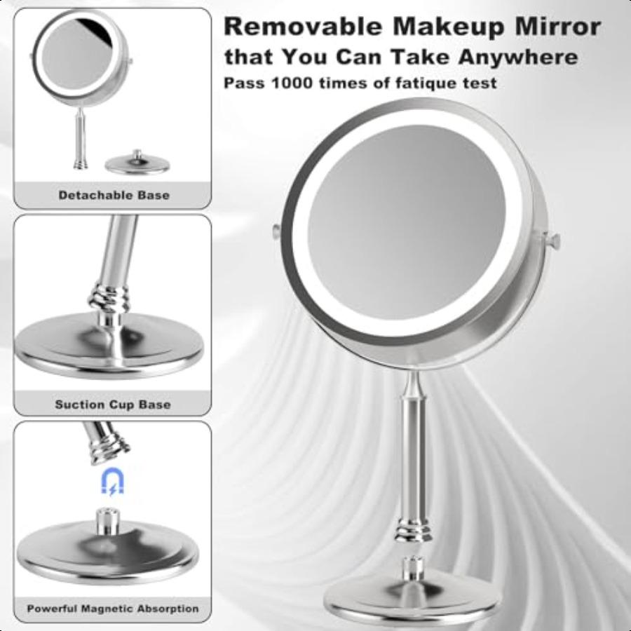 Rechargeable 2Sided Makeup Mirror 1X 10X Magnification 3 Color Lights 360 Swivel Cordl Detachable 4500mAh Battery