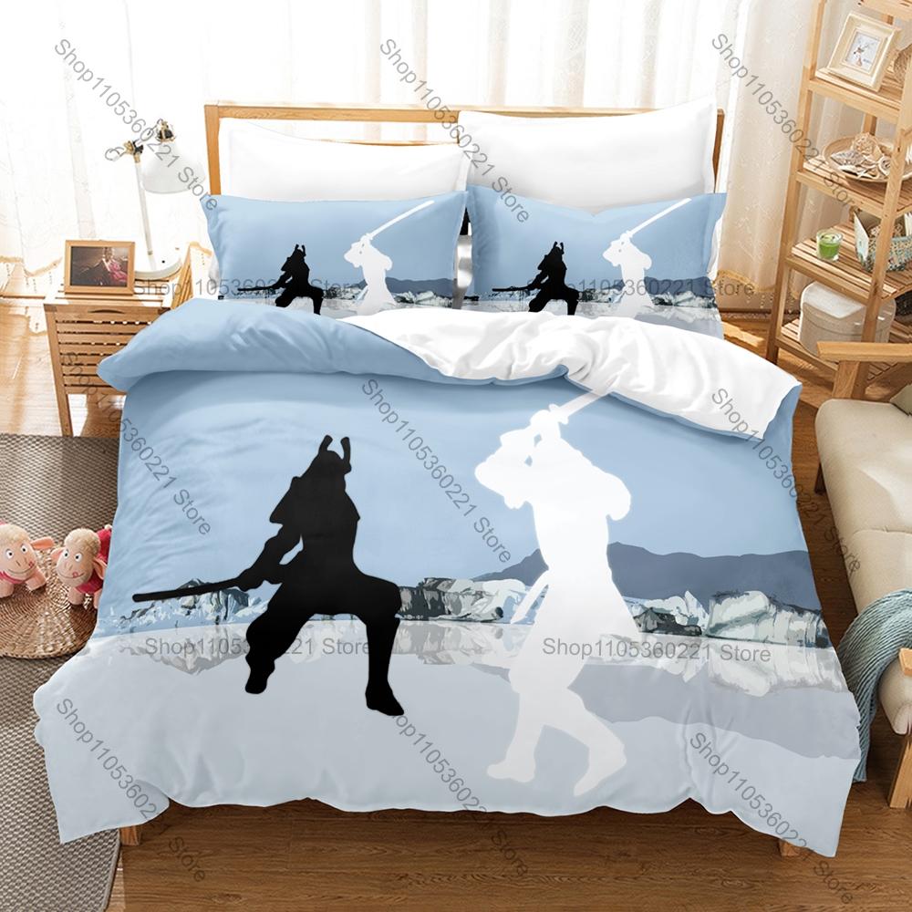 Cool Japanese Samurai Bedding Set Duvet Cover + 2 Pillowcases Traditional Ronin Katana Cherry Blossom Warrior Bedroom Decor