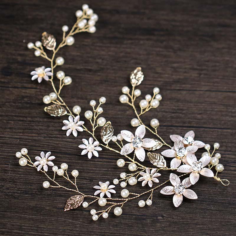 Bride Pearl Rhinestone Flower Headband Wedding Hair Jewelry Gold Color Leaf Rhinestone Flower Hair Bands Wedding Hair Ornaments