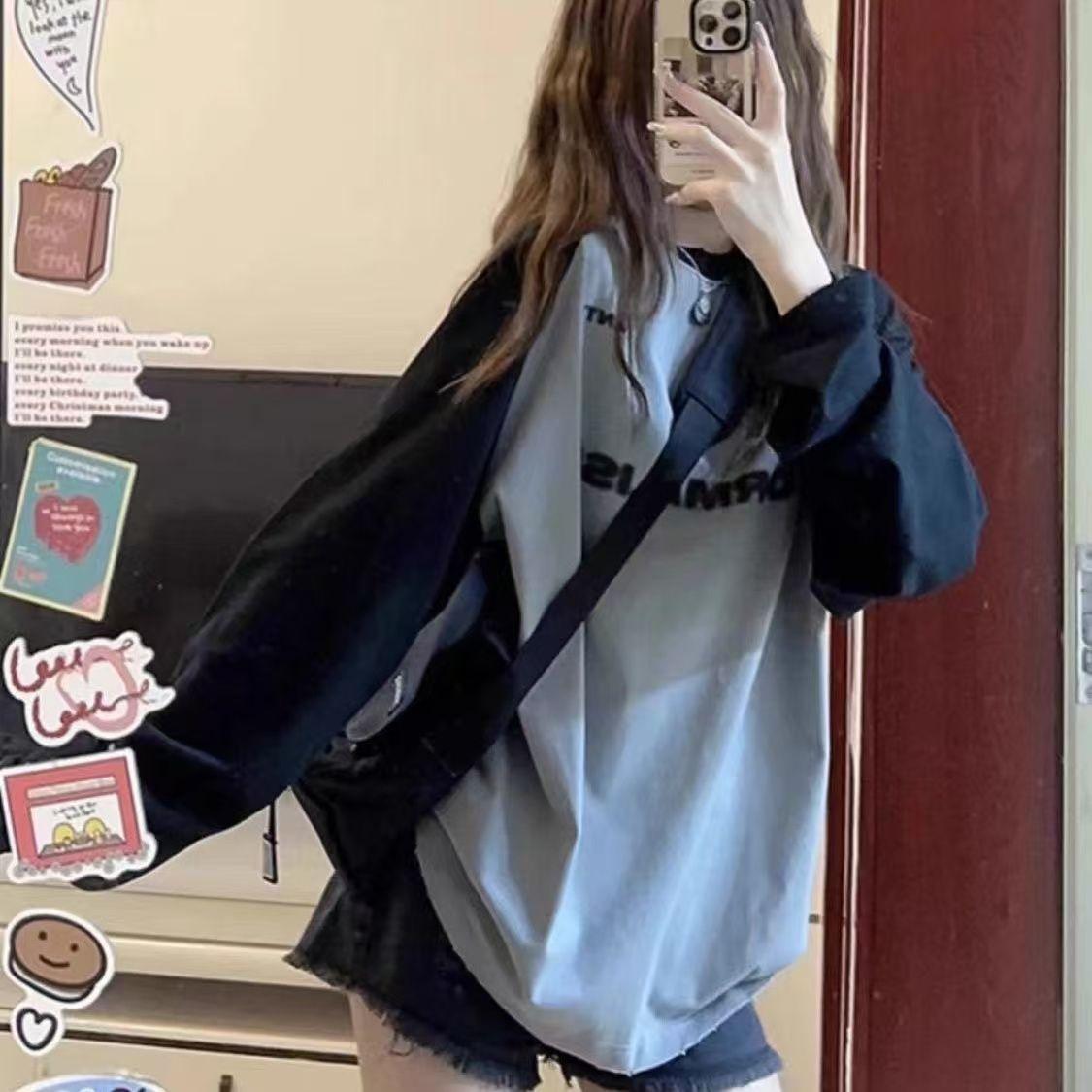 

Ретро Кольорова блокована рагланна футболка з довгим рукавом з літерами для жінок на осінь-зиму Вільний бавовняний базовий топ L чорний