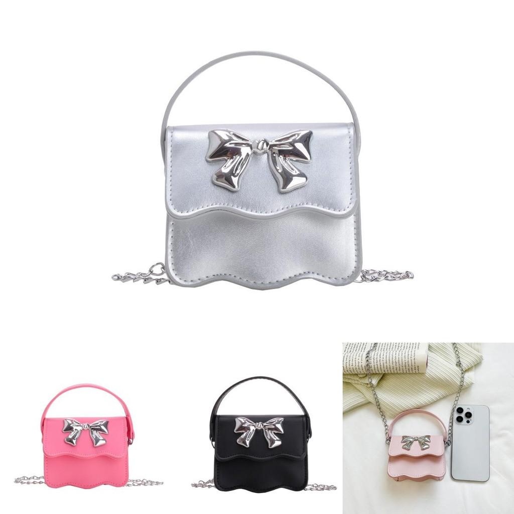 Cute Solid Color Silver Bow Decoration Kid Mini Shoulder Chain Bag For Summer Casual Wear