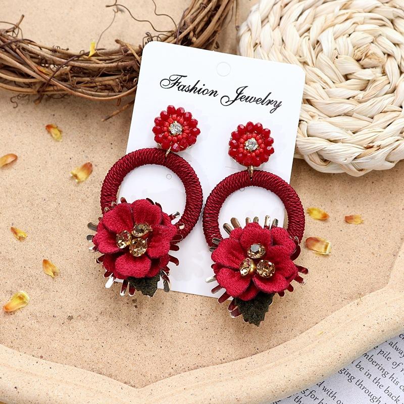 Vintage crystal flower big circle stud earrings long temperament personalized vacation earrings bohemian earrings women