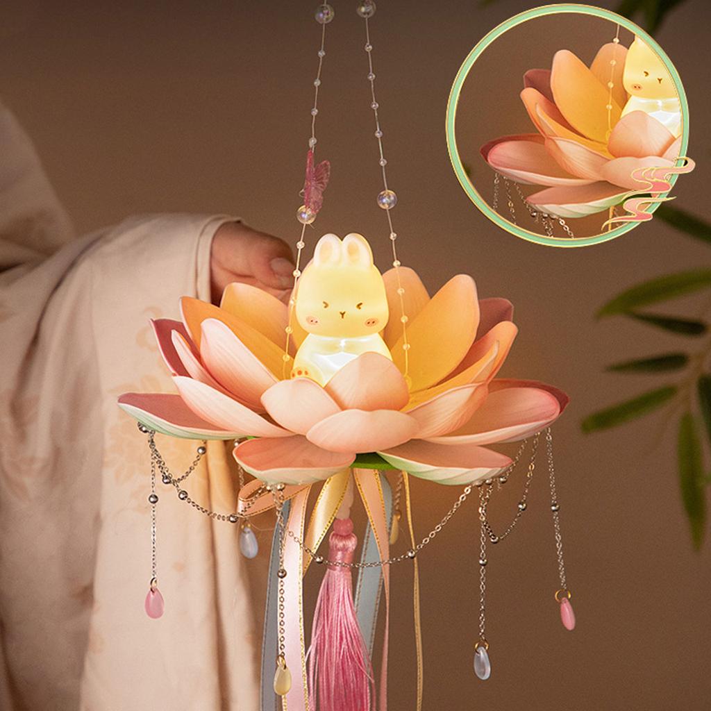 Elegant Festival Lotus Flower Lantern Functional Plastic Mid Autumn Lantern with Rabbits Easy to Use Candle Lights