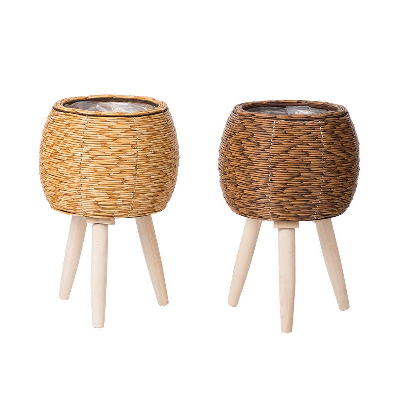 Triangular Faux Rattan Flower Stand - Desktop Succulent Holder and Decorative Straw Woven Pot