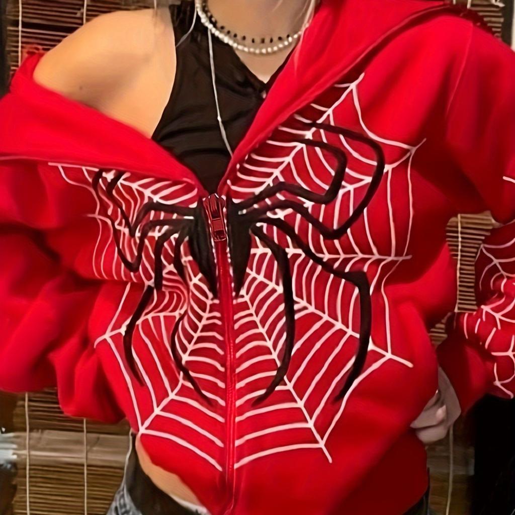 Y2K Fleece Hoodie für Damen – Spinnennetz-Print Lockerer Reißverschluss Kapuzen-Cardigan, Grunge Streetwear Oversized Sweatshirt weniger