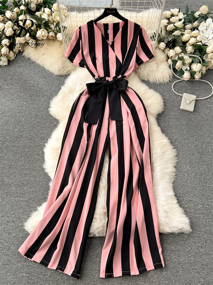 Women Jumpsuits Fashion V Neck Lace Up Loose Wide Legs Pants  New Design OL Color Block Stripe Bodysuits