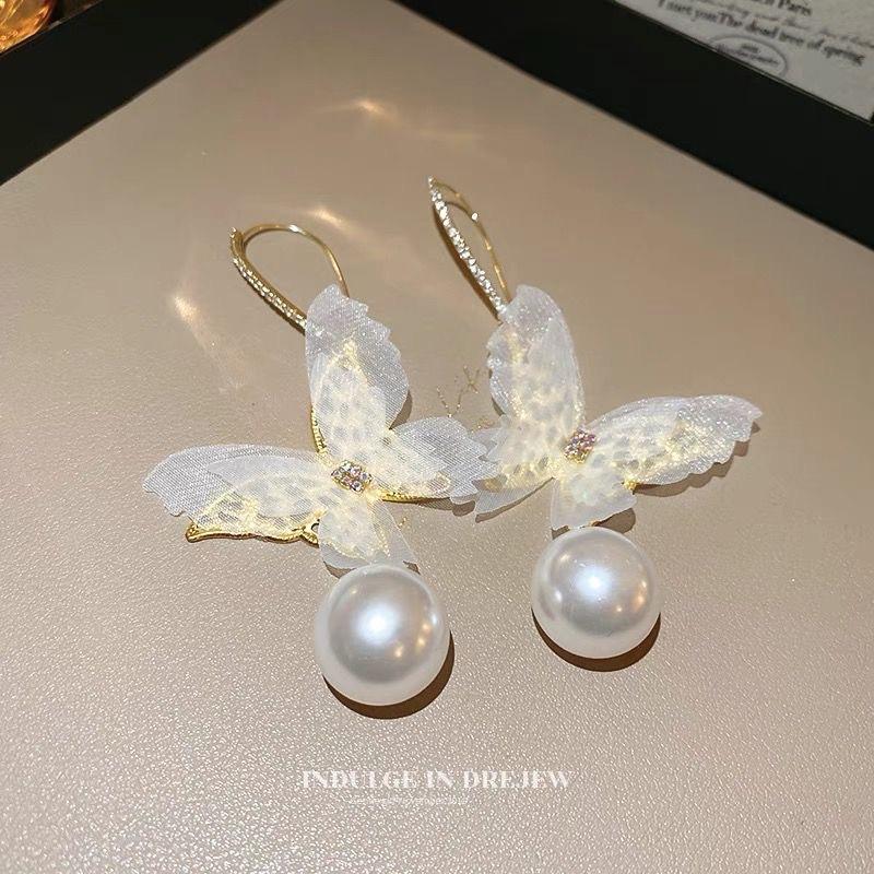 

Elegant Ladies Mesh Butterfly Pearl Eardrop Earrings one size